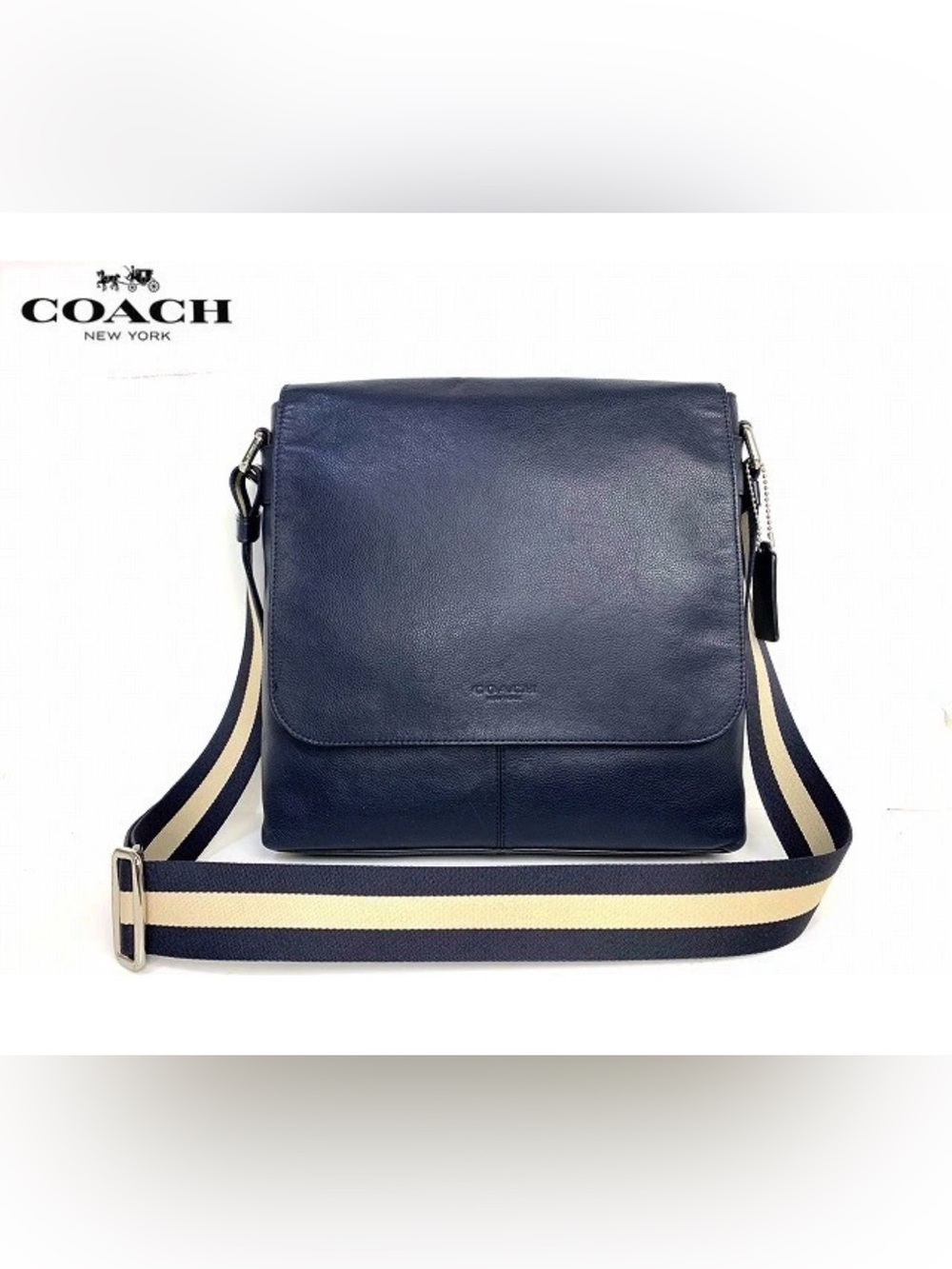 Coach Sullivan Navy Leather Messenger Bag with Navy and Cream Striped Strap
